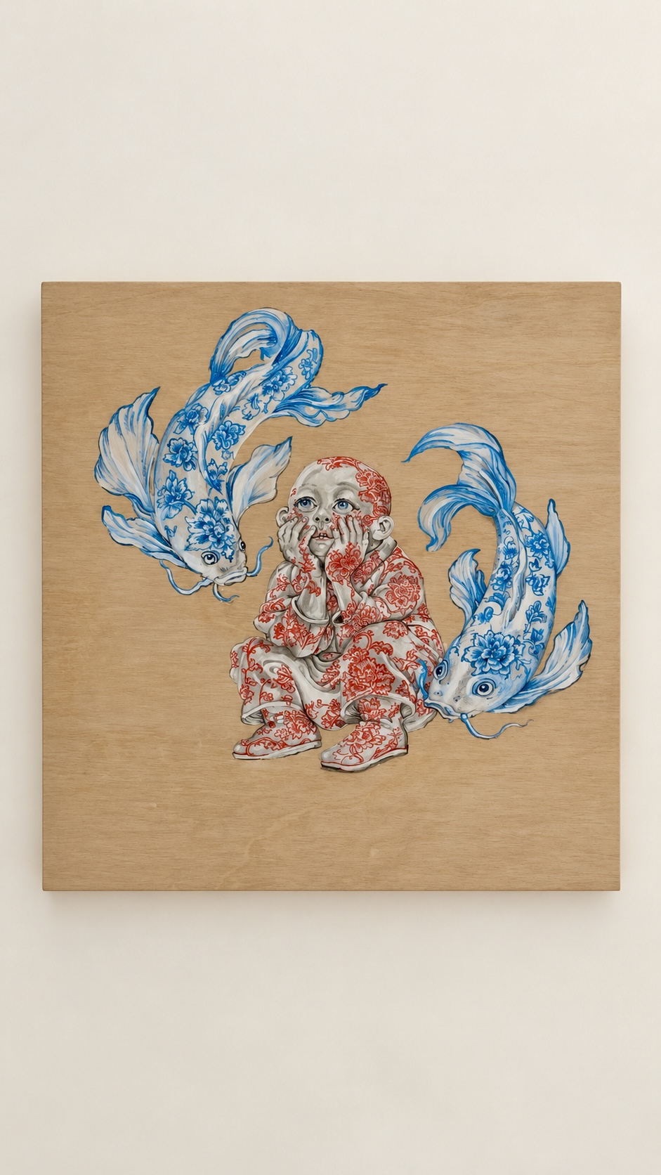 In Awe, 2026 — painting on a square wooden panel: a child cupping their cheeks and looking upward, flanked by two koi, all rendered in blue-and-white and red porcelain patterns